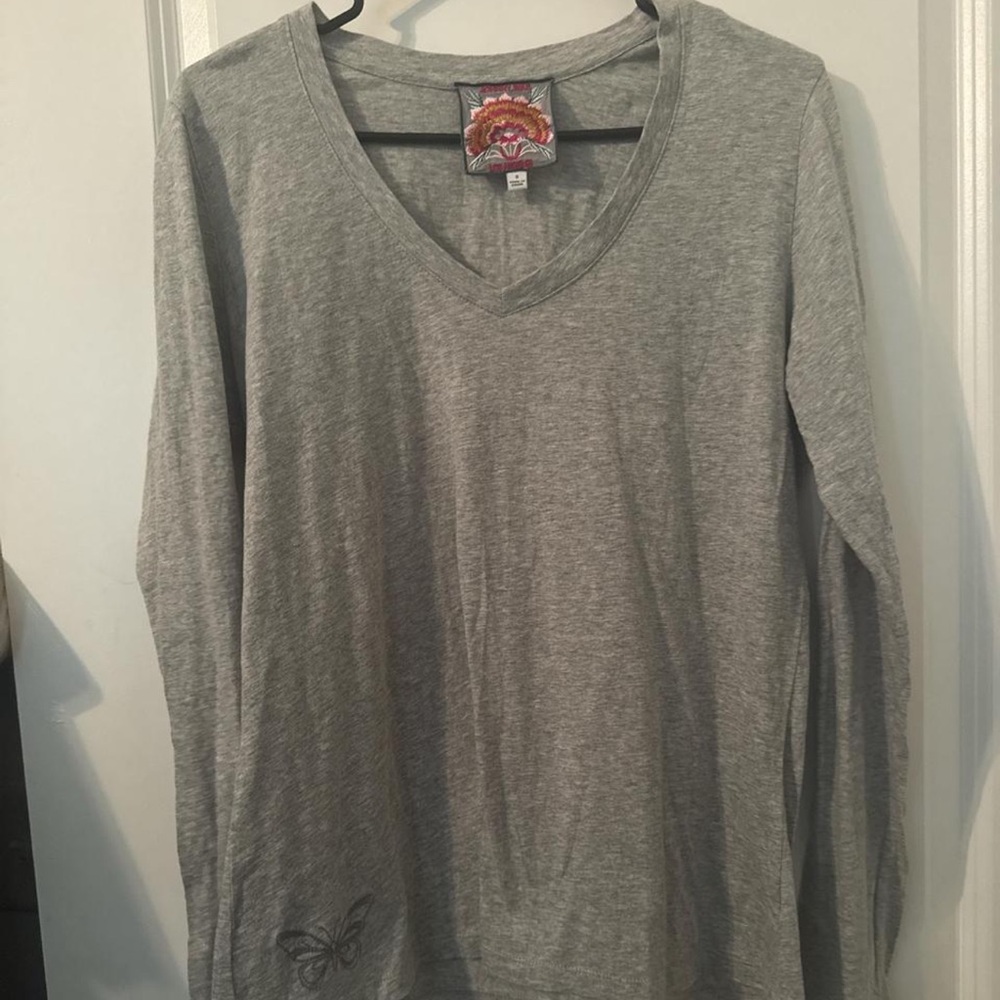 Johnny Was Gray V-Neck with Floral Embroidery